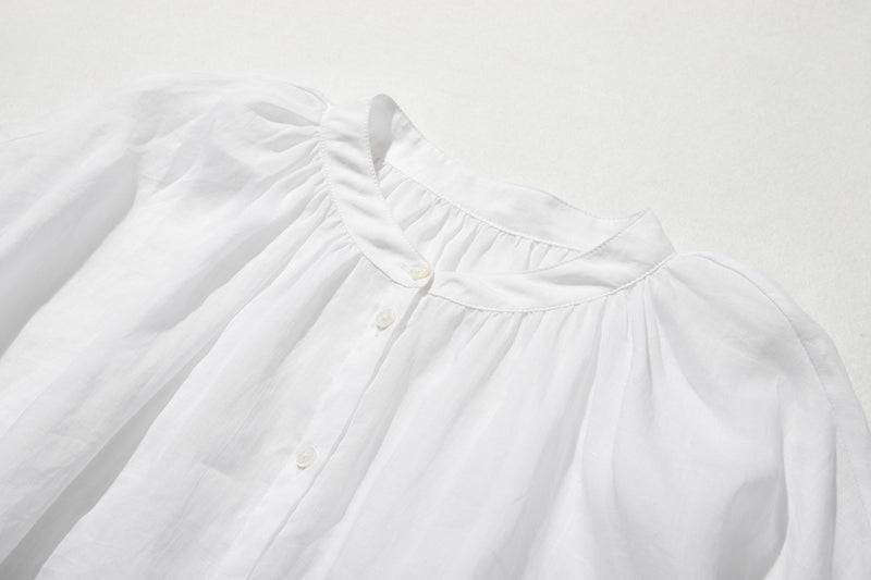 さらりと着心地良い　夏の定番シャツブラウス フリル袖 麻100％　220513