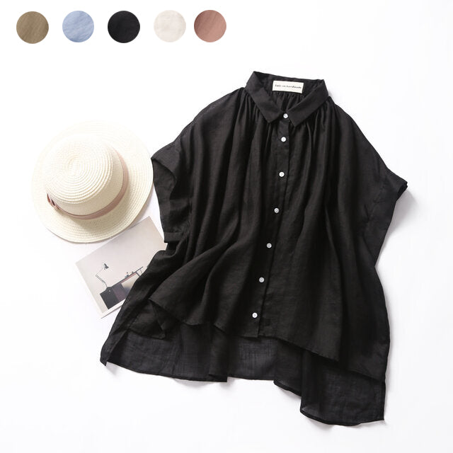 成人時尚質感亞麻襯衫女上衣襯衫短袖亞麻 190712 