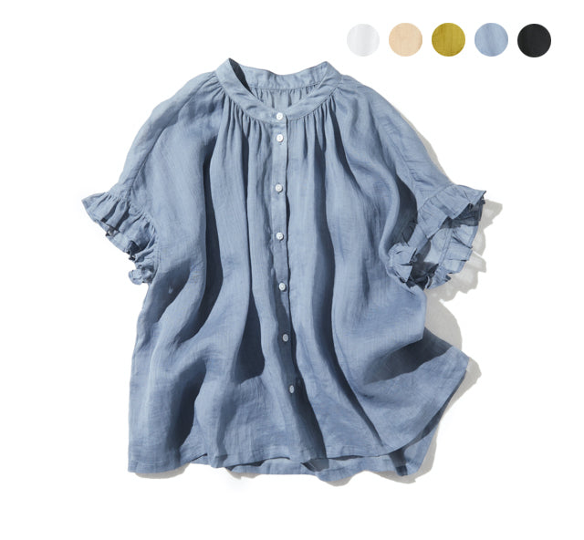 さらりと着心地良い　夏の定番シャツブラウス フリル袖 麻100％　220513